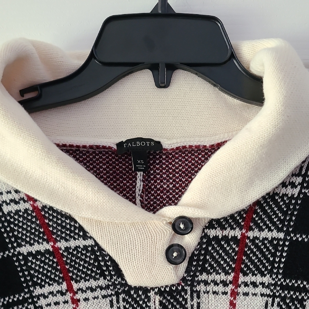 Talbots Black and White Plaid Poncho with Red Accents - Picture 2 of 3